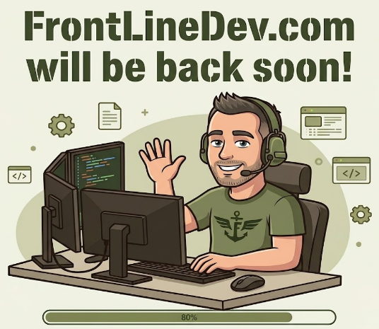 Cartoon of a smiling bearded developer wearing a headset and a green t-shirt, waving while sitting at a desk with a computer monitor showing code. Surrounded by gears and code-snippet icons, with the heading 'FrontLineDev.com will be back soon!' above and a loading progress bar at 80% below.